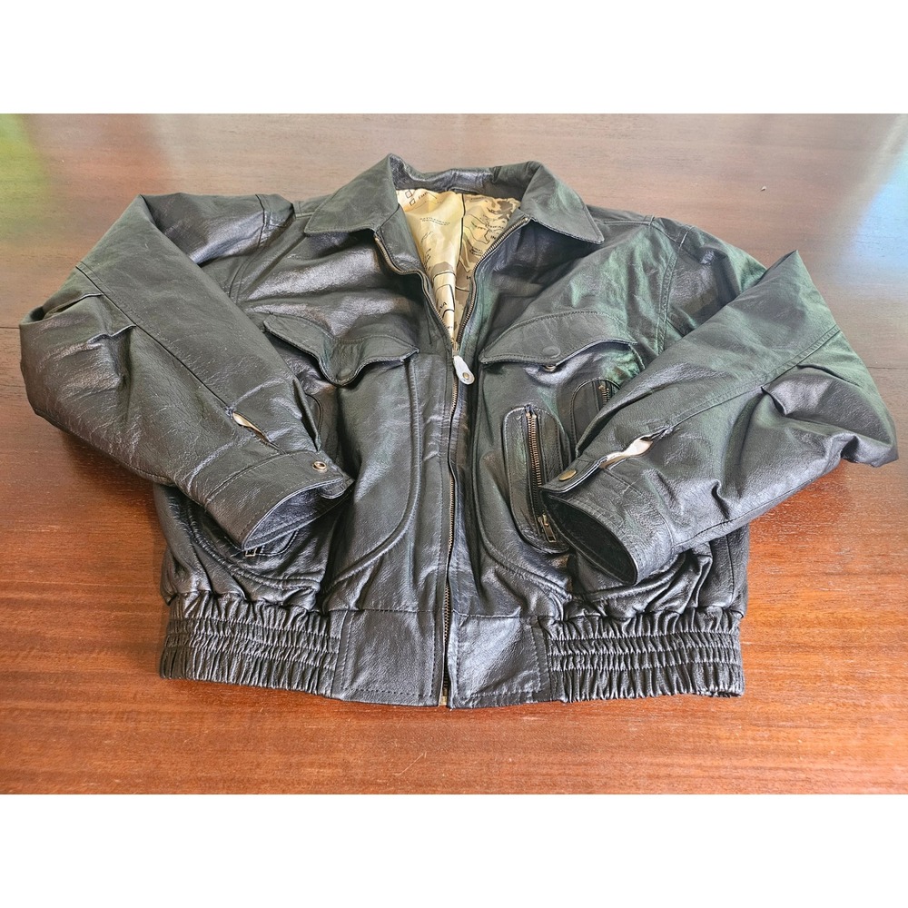 Bugle Boy Leather Bomber Flight Jacket Mens Med Black Montana Map Lining Vintage